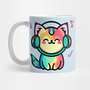 Happy smiling baby pussy cat with headphones. Kawaii cartoon Mug